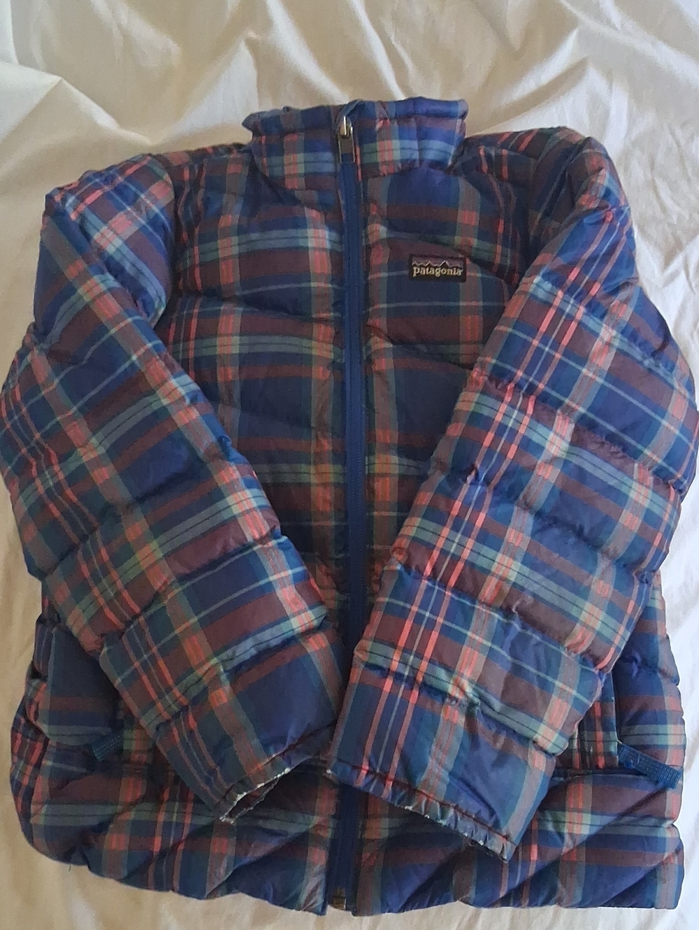 Patagonia Girls Goose Down Puffer Jacket Size Small (8) Plaid Blue Full Zip